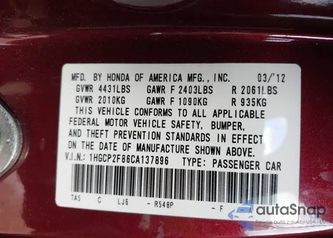 2012 Honda Accord 2.4 Ex-L из США, поврежденный, VIN 1HGCP2F86CA137896